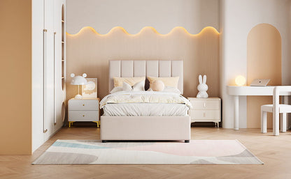 Twin Size Upholstered Platform Bed With A Hydraulic Storage System - Beige