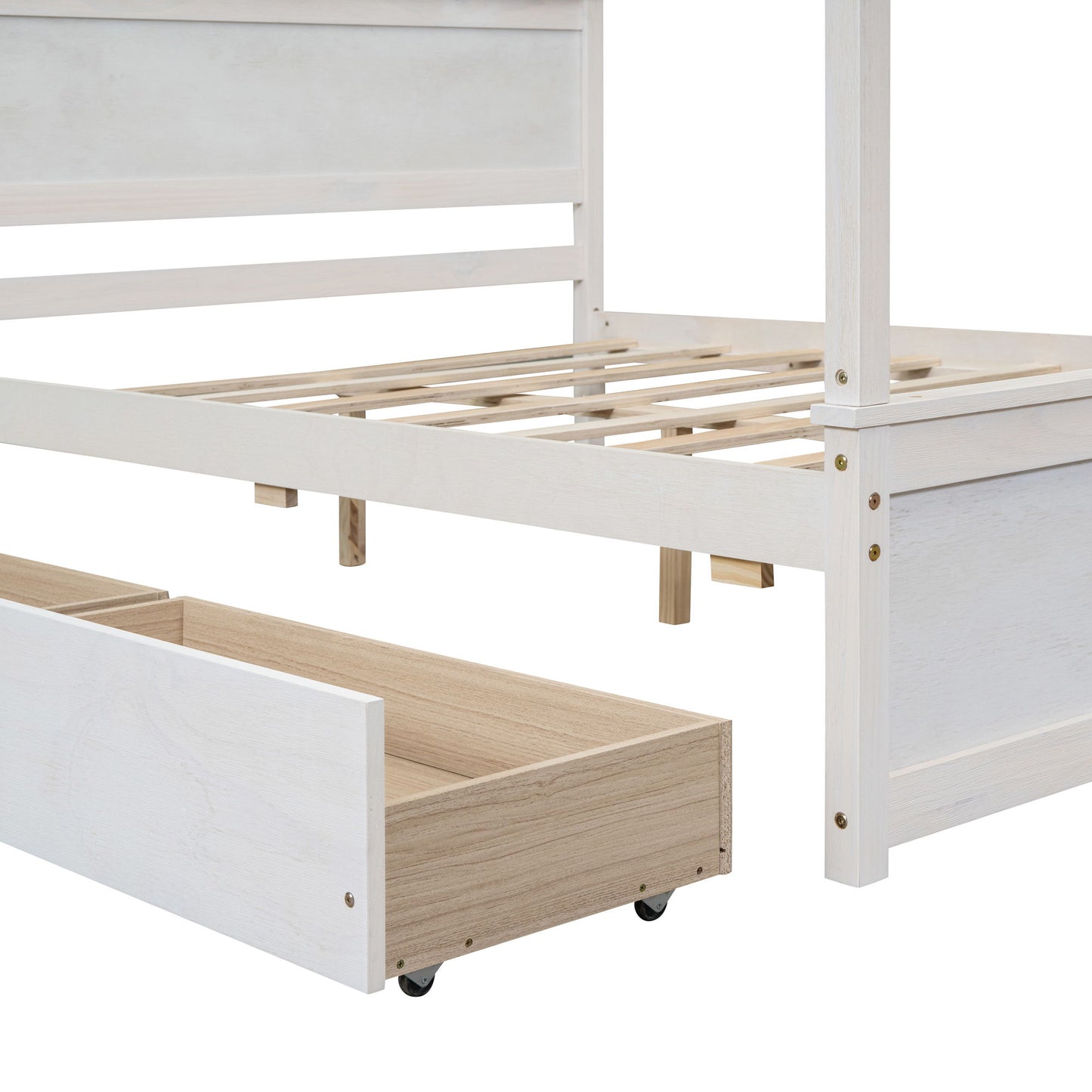 Full Size Canopy Platform Bed 2 Drawers With Support Slats, No Box Spring Needed - Brushed White