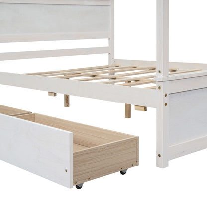 Full Size Canopy Platform Bed 2 Drawers With Support Slats, No Box Spring Needed - Brushed White