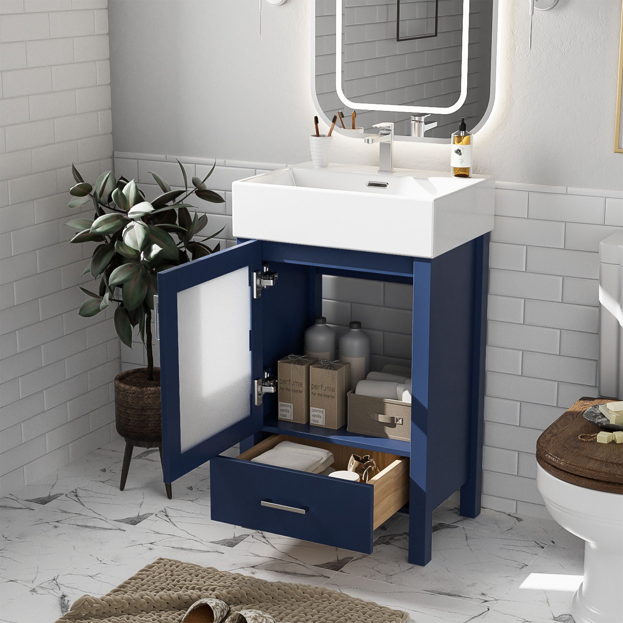 Bathroom Vanity With Ceramic Sink And Ample Storage, Ideal For Small Bathrooms - Blue