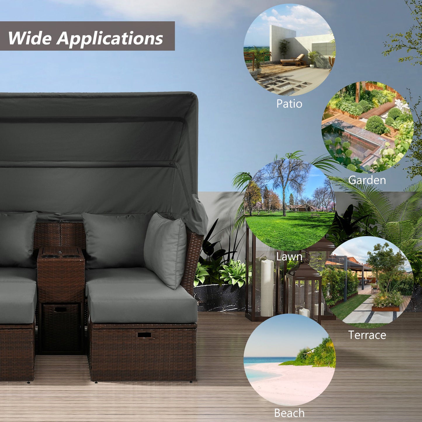 2 Seater Outdoor Patio Daybed Outdoor Double Daybed Outdoor Loveseat Sofa Set With Foldable Awning And Cushions For Garden, Balcony, Poolside - Gray