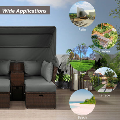 2 Seater Outdoor Patio Daybed Outdoor Double Daybed Outdoor Loveseat Sofa Set With Foldable Awning And Cushions For Garden, Balcony, Poolside - Gray