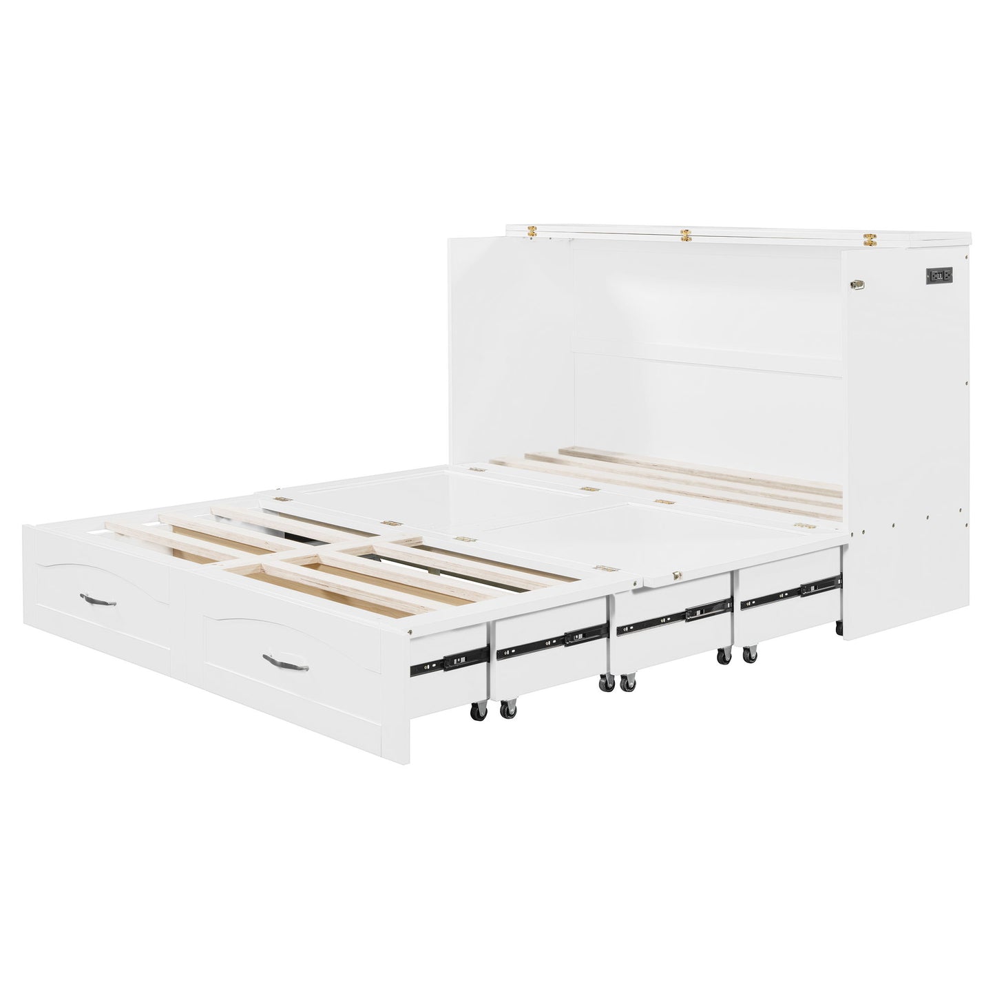 Queen Size Murphy Wall Bed With Drawer And A Set Of Sockets & USB Ports, Pulley Structure Design - White
