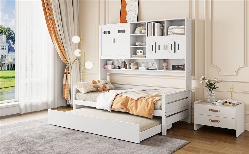 Twin Size Wooden Daybed With Twin Size Trundle, And All In One Cabinet And Shelf - White
