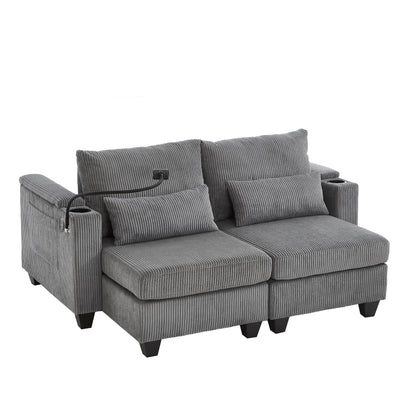 Convertible Chaise Lounge Loveseat Sofa Bed With USB Ports, Cup Holders, Phone Holder, Ample Storage - Gray