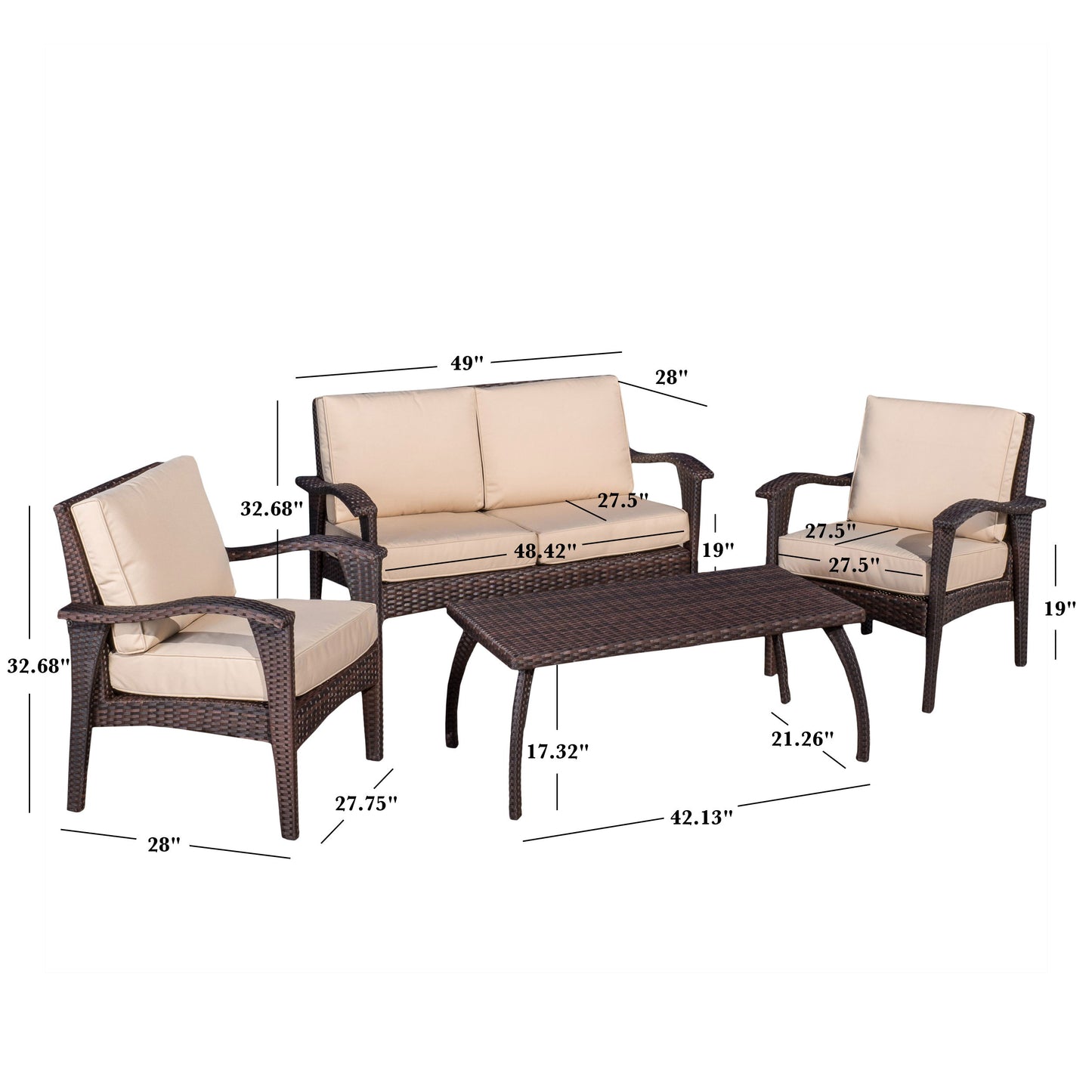 Honolulu - 4 Pieces Wicker Set Outdoor Seating - Brown / Tan With