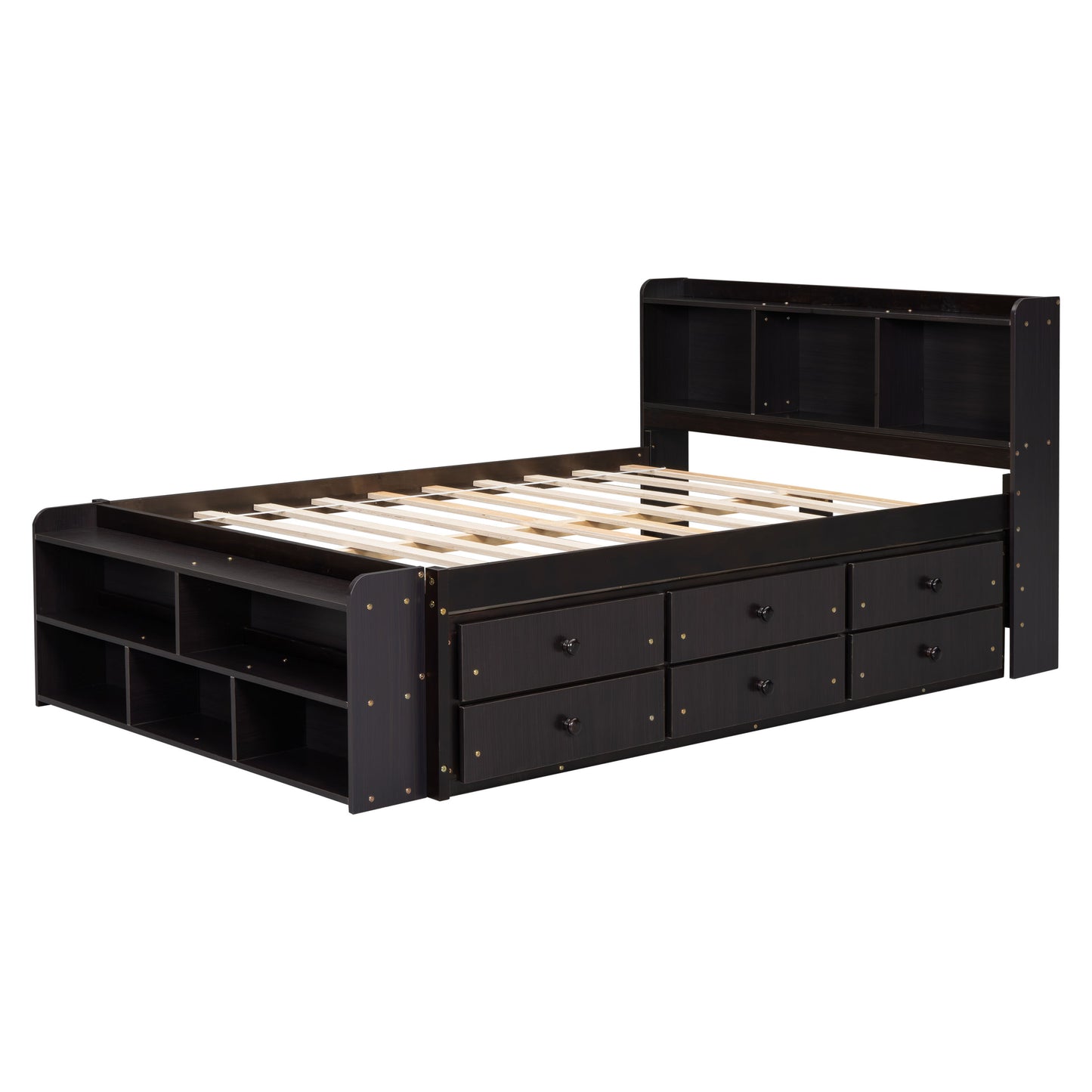 Full Bed With Bookcase Headboard, Under Bed Storage Drawers And Bed End Storage Case - Espresso