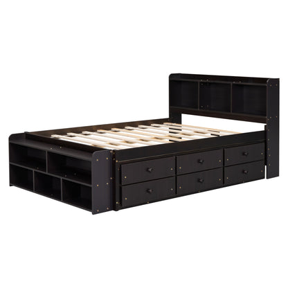 Full Bed With Bookcase Headboard, Under Bed Storage Drawers And Bed End Storage Case - Espresso