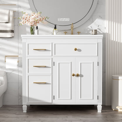 Modern Bathroom Vanity With Ceramic Sink, Freestanding, One Tip - Out Drawer, 3 Side Drawers, Adjustable Shelf - White