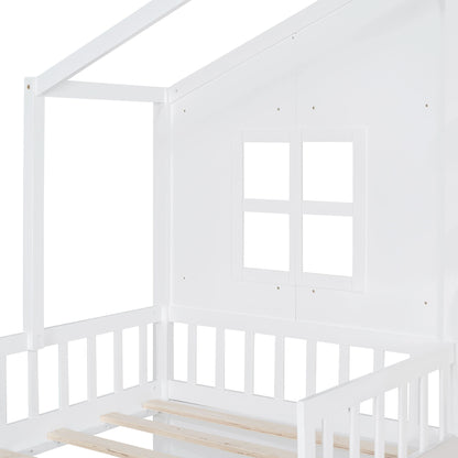 Twin Size House Bed With Sofa, Kids Platform Bed With 2 Drawers And Storage Shelf - White