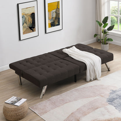 Faux Linen Wood Frame Futon Sofa Bed With Stainless Legs - Espresso