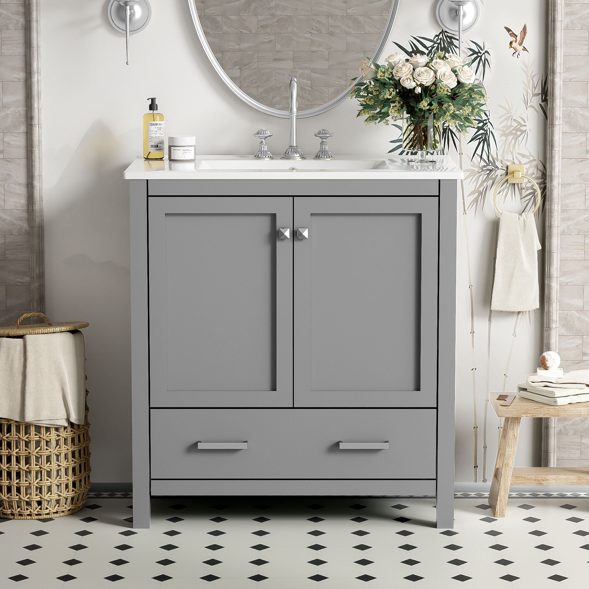 Bathroom Vanity With Single Sink, Combo Cabinet Undermount Sink, Bathroom Storage Cabinet With Two Doors And A Drawer, Soft Closing, Multifunctional Storage, Solid Wood Frame - Gray