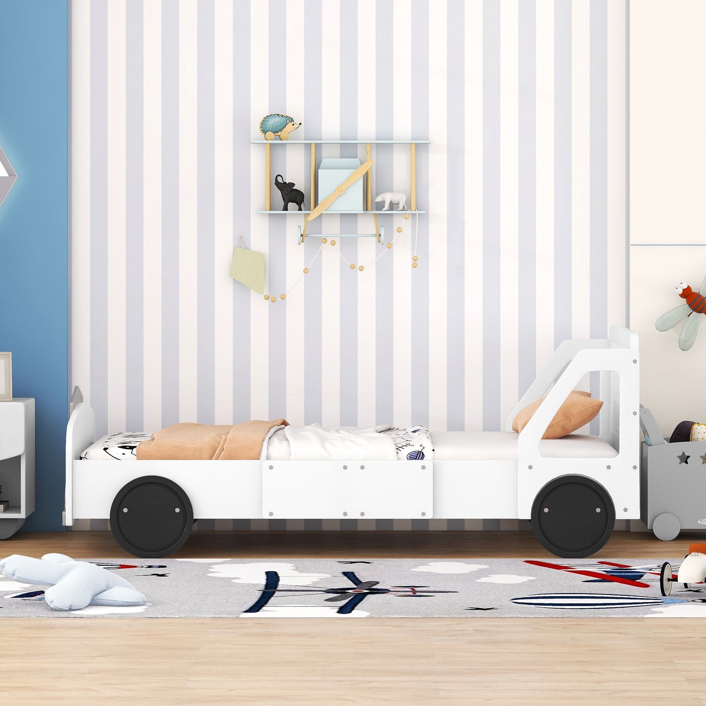 Twin Size Car Shaped Platform Bed With Wheels - White