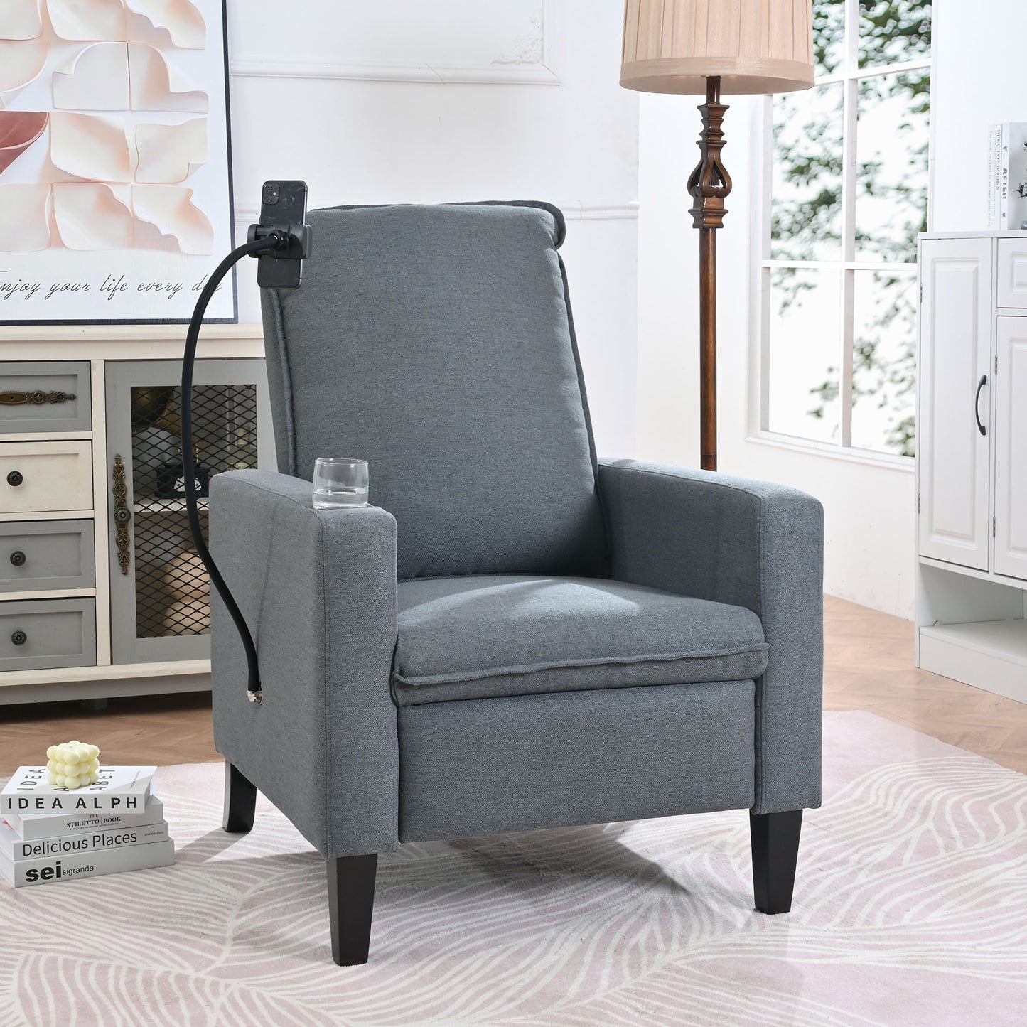 Recliner Chairs For Adults, Adjustable Recliner Sofa With Mobile Phone Holder & Cup Holder, Modern Reclining Chairs Fabric Push Back Recliner Chairs For Living Room, Bedroom - Gray