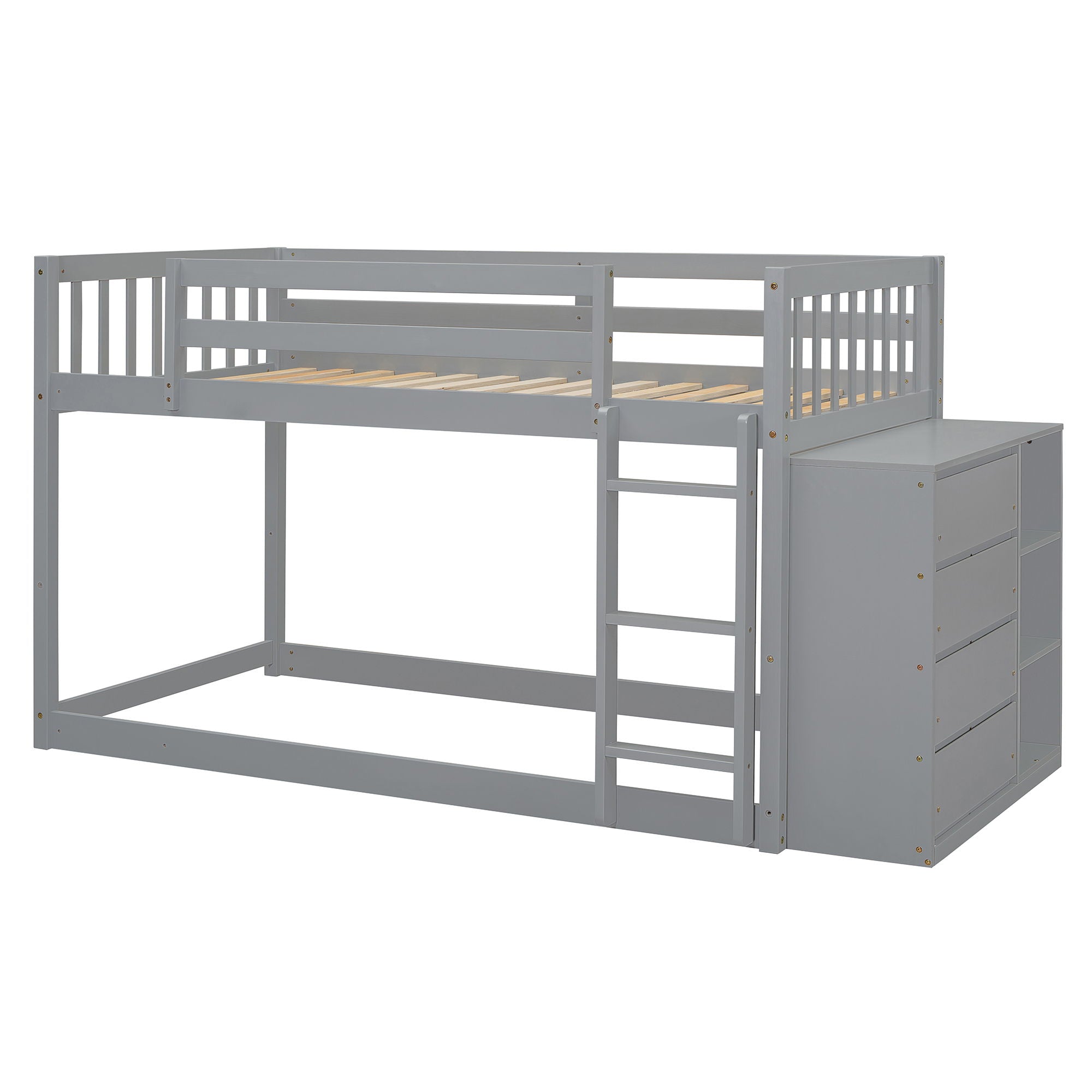 Twin Over Twin Classic Bunk Bed With 4 Drawers And 3 Shelves - Gray