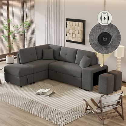 Convertible Sleeper, Sectional Pull Out Sofa Bed With Storage Ottoman, 2 Throw Pillows, 2 Stools, Wireless Charger And Two Hidden USB Ports For Living Room - Dark Gray