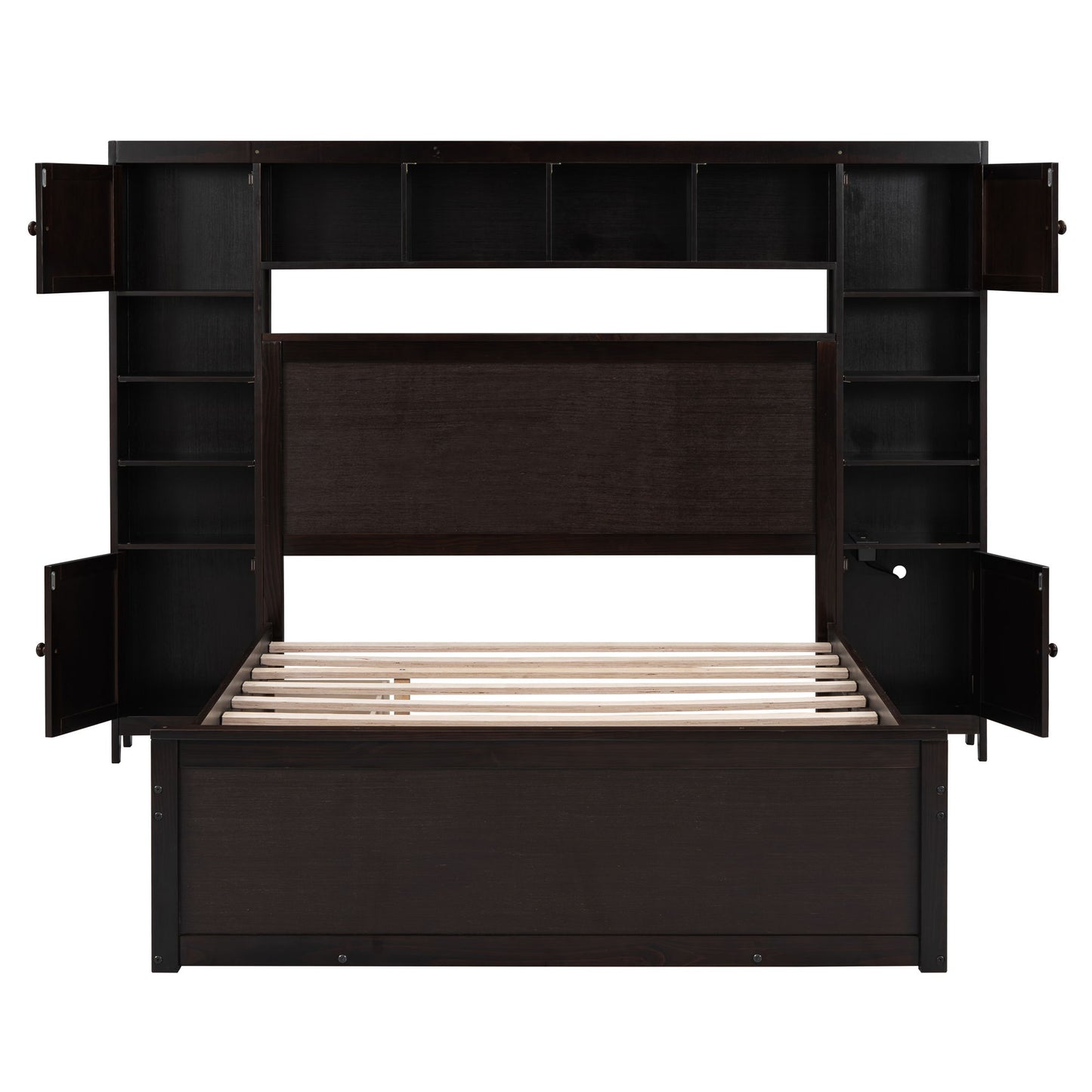 Full Size Bed With All In One Cabinet, Shelf And Sockets, Twin Size Trundle - Espresso