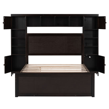 Full Size Bed With All In One Cabinet, Shelf And Sockets, Twin Size Trundle - Espresso