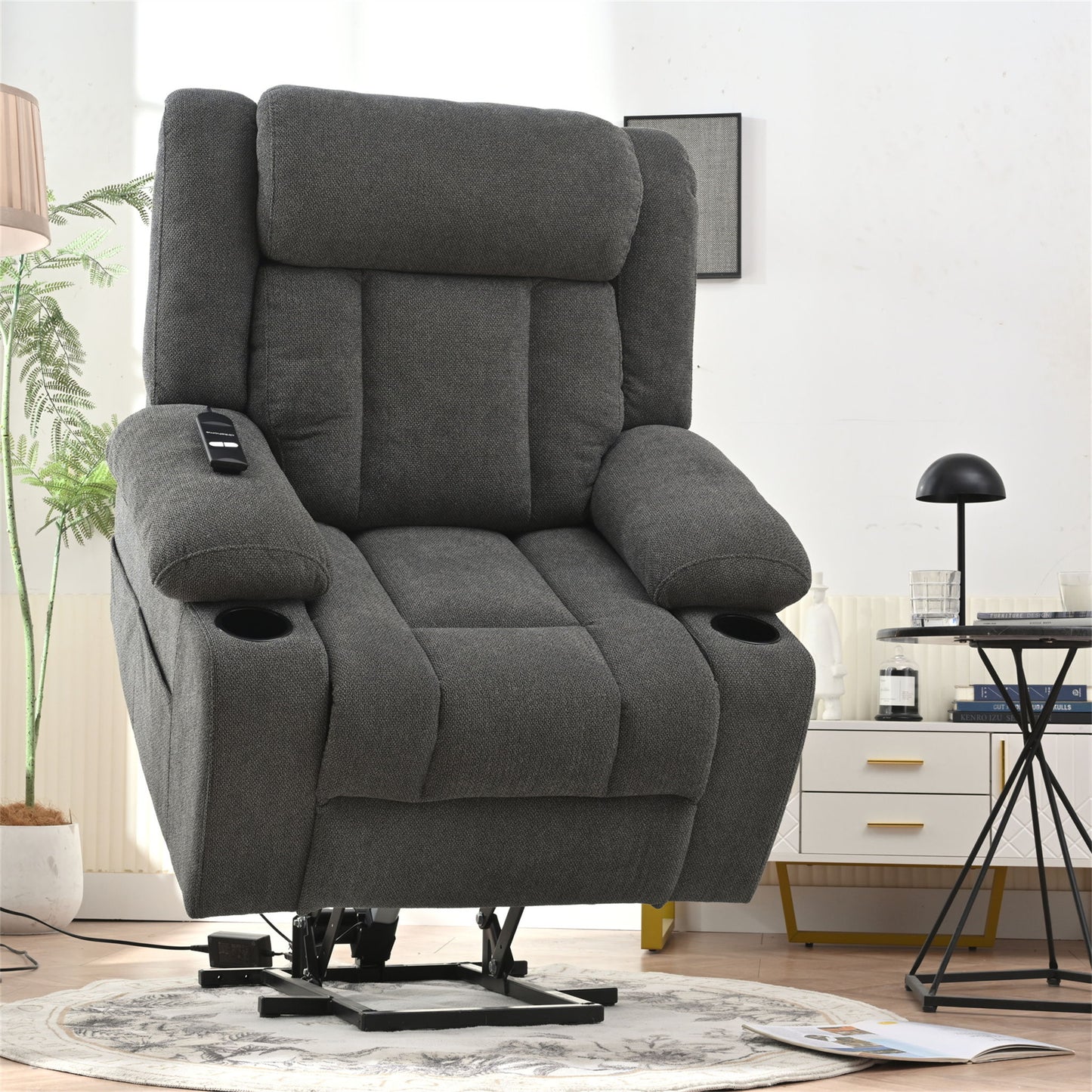 Power Lift Recliner Chair - Fabric Single Sofa With Extended Footrest, Remote Control, Cup Holders, And Side Pockets For Living Room Or Home Theater - Dark Gray