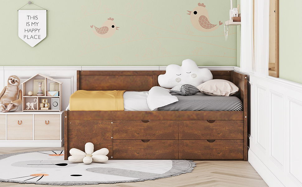 Full Size Daybed With Drawers And Shelves - Walnut
