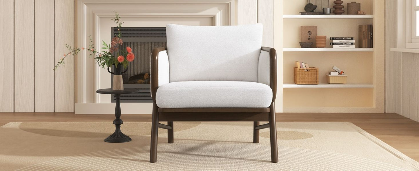 Sherpa Fabric Accent Chair, Upholstered Armchair With Solid Wood Frame, Comfortable Contemporary Lounge Chair For Living Room - White