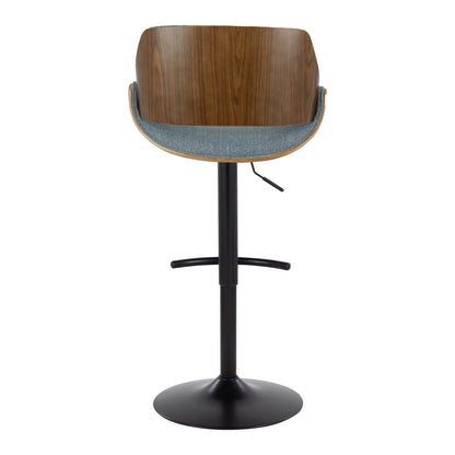 Fabrizzi - Mid-Century Modern Adjustable BarStool With Rounded T Footrest (Set of 2) - Walnut / Black / Blue