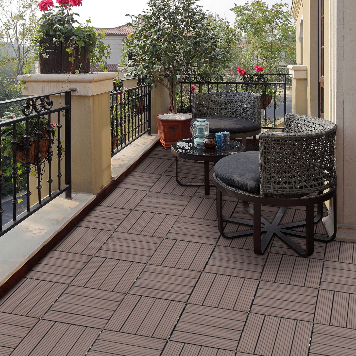 Wood Plastic Composite Deck Tiles (Set of 20), Sustainable Composite Decking Resist Rust, Water, Weather, Easy To Diy & Maintain, Ideal For Patios, Balconies, Rooftops - Light Coffee