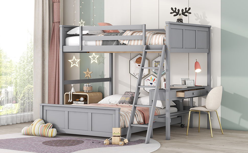 Full Over Full Bunk Bed With Desk - Gray