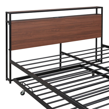 Queen Size Platform Bed Frame With Trundle, USB Ports And Slat Support, No Box Spring Needed - Black