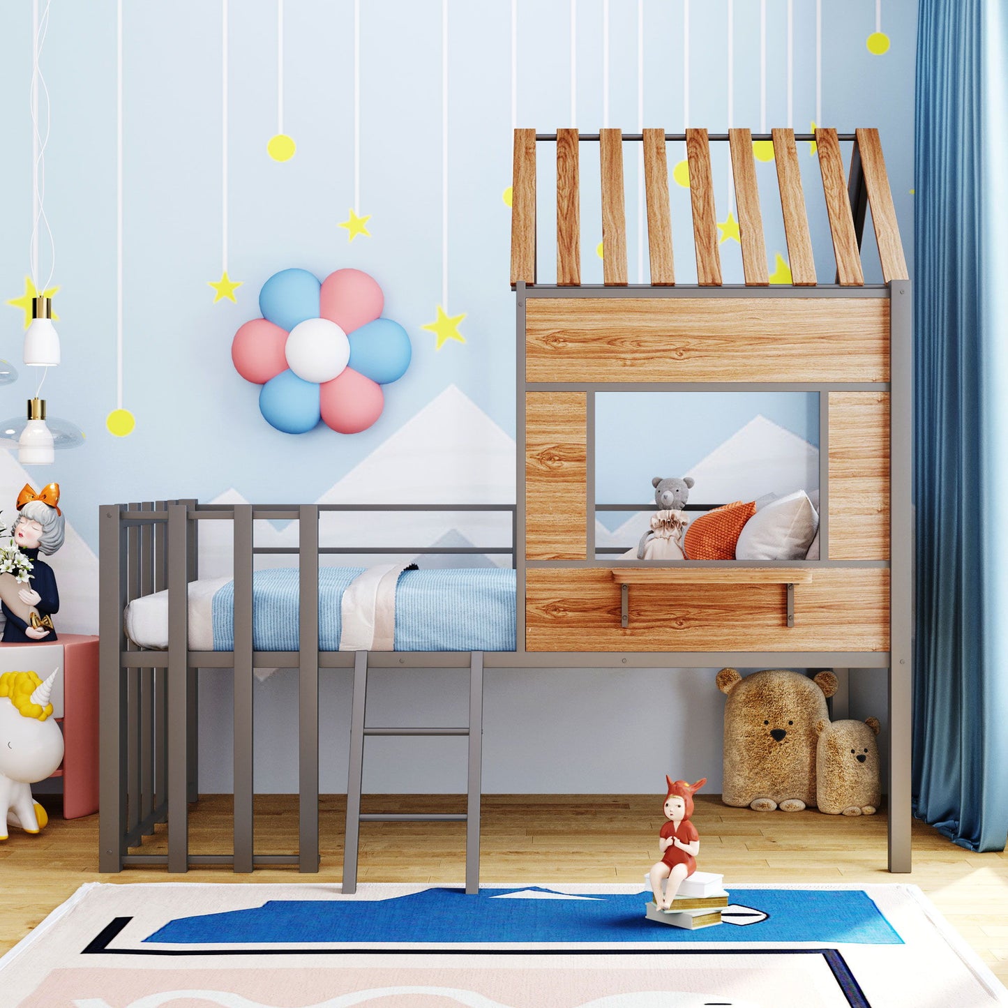 Twin Size Loft Bed With Roof, Window, Guardrail, Ladder - Silver