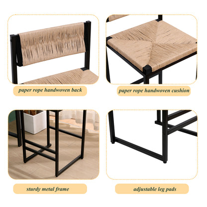Bar Stools (Set of 2) Paper Rope Weave Dining Chairs With Back Hand Weave Stools For Kichen Island, Bar & Counter - Honey