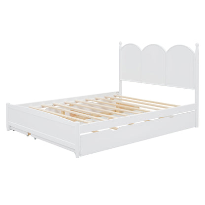 Queen Size Platform Bed With With 2 Big Drawers, Twin Long Size Trundle - White