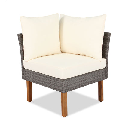 9 Piece Patio Rattan Furniture Set, Outdoor Conversation Set With Acacia Wood Legs And Tabletop, PE Rattan Sectional Sofa Set With Coffee Table, Washable Cushion - Beige