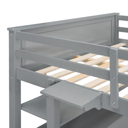 Full Size Loft Bed With Drawers And Desk With Shelves - Gray