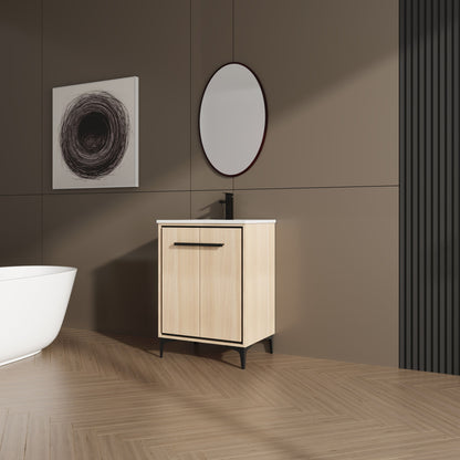 Modern 24" Bathroom Vanity Base With Basin And Storage Cabinet - Oak
