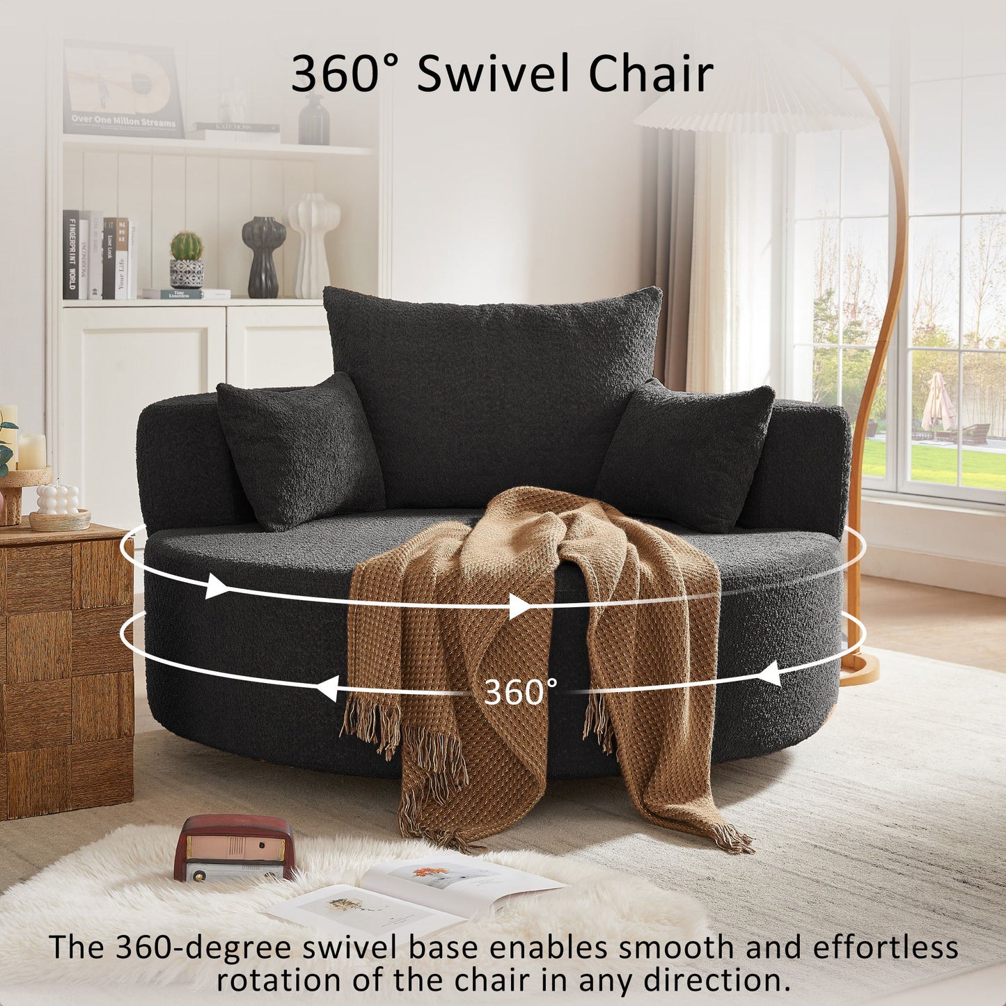360 Degree Swivel Accent Barrel Chair With Removable Pillows - Black