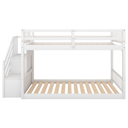 Twin Over Twin Floor Bunk Bed, Ladder With Storage - White