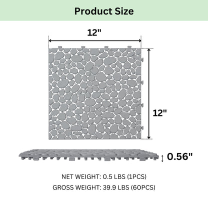 Interlocking Deck Tiles Plastic Waterproof Outdoor All Weather Anti-Slip Bathroom Shower Balcony Porch Strong Weight Capacity Upto 440 Lbs, Pebble Stone Pattern Pack Of 60 - Gray