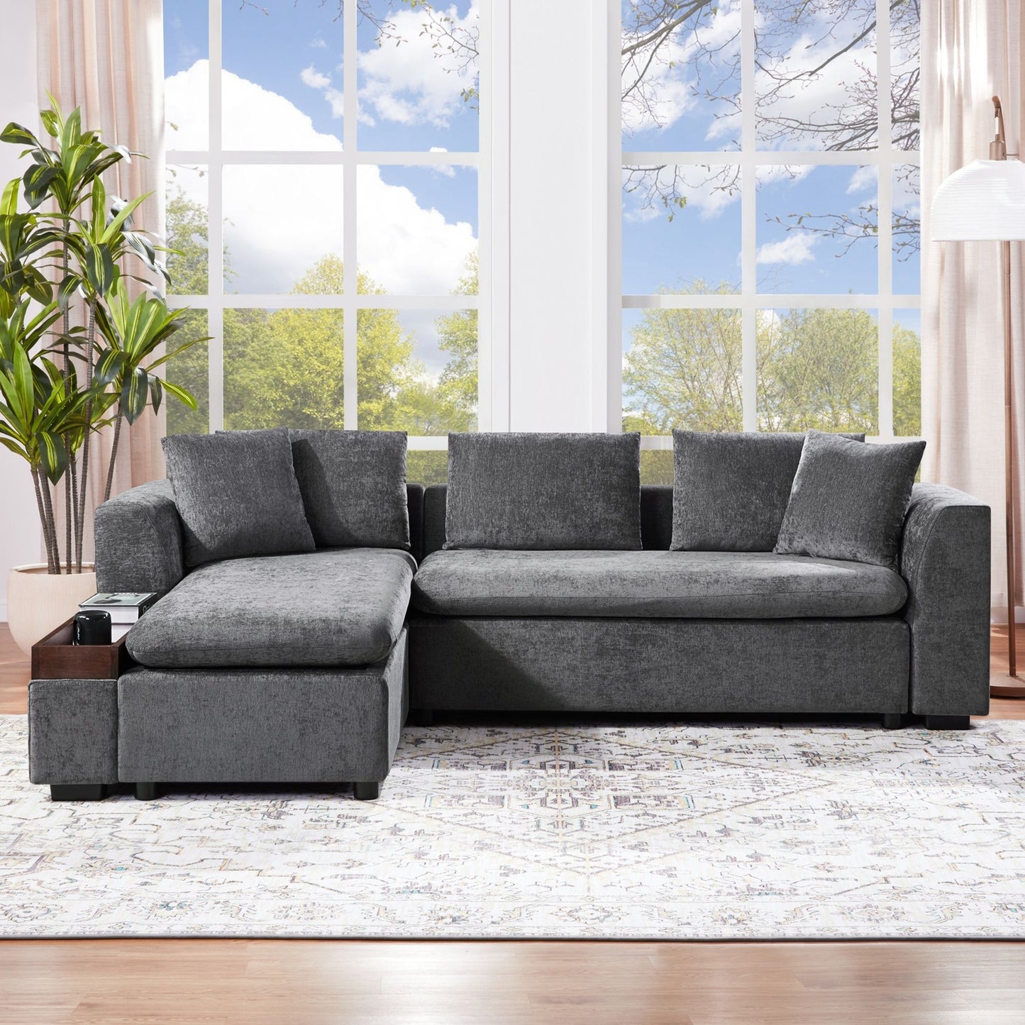 Modern L Shaped Sectional Sofa With Storage Chenille, Upholstered Couch - Gray