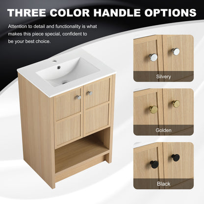 Modern 24" Freestanding Bathroom Vanity With Ceramic Sink And Soft Closing Doors - Oak