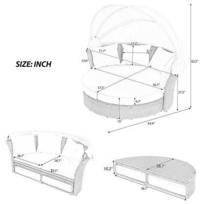 Outdoor Patio Daybed Wicker Rattan Double Daybed Round Sofa Furniture Set With Retractable Canopy, 4 Pillows For Lawn Garden Backyard Porch Pool - Gray