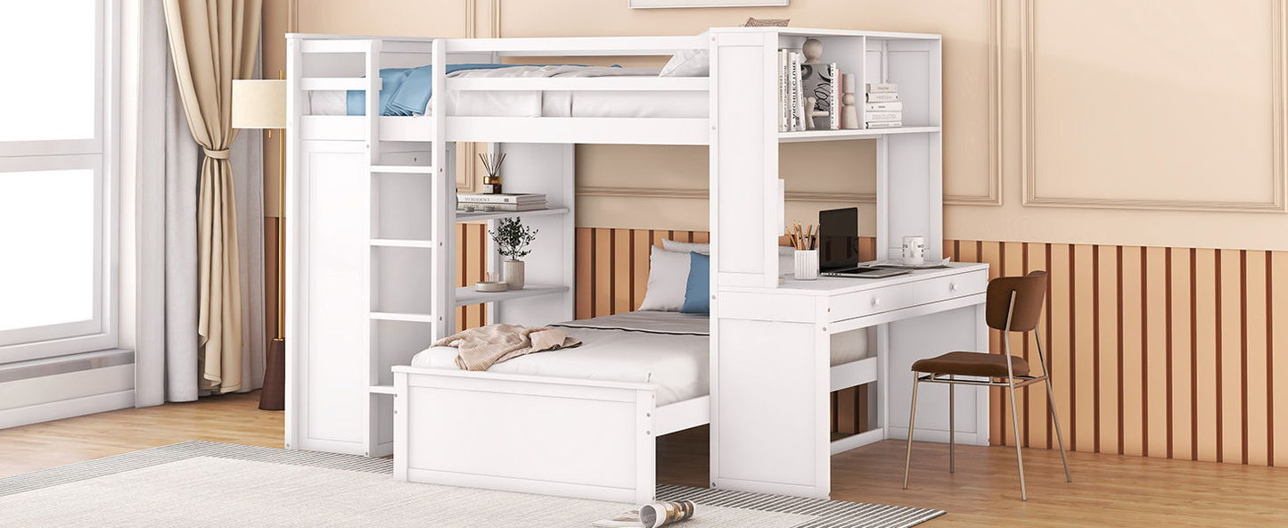 Full Size Loft Bed With A Twin Size Stand Alone Bed, Shelves, Desk, And Wardrobe - White
