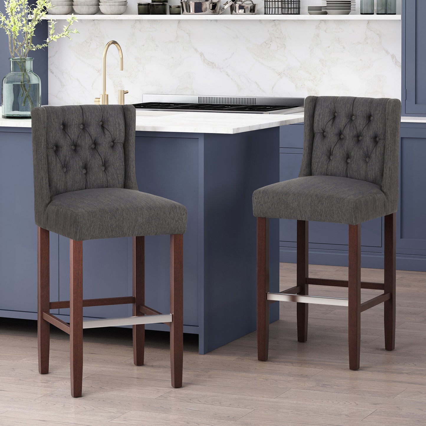 Solstara - Upholstered Fabric Dining Barstool With Button Tufted And Wing Back - Charcoal