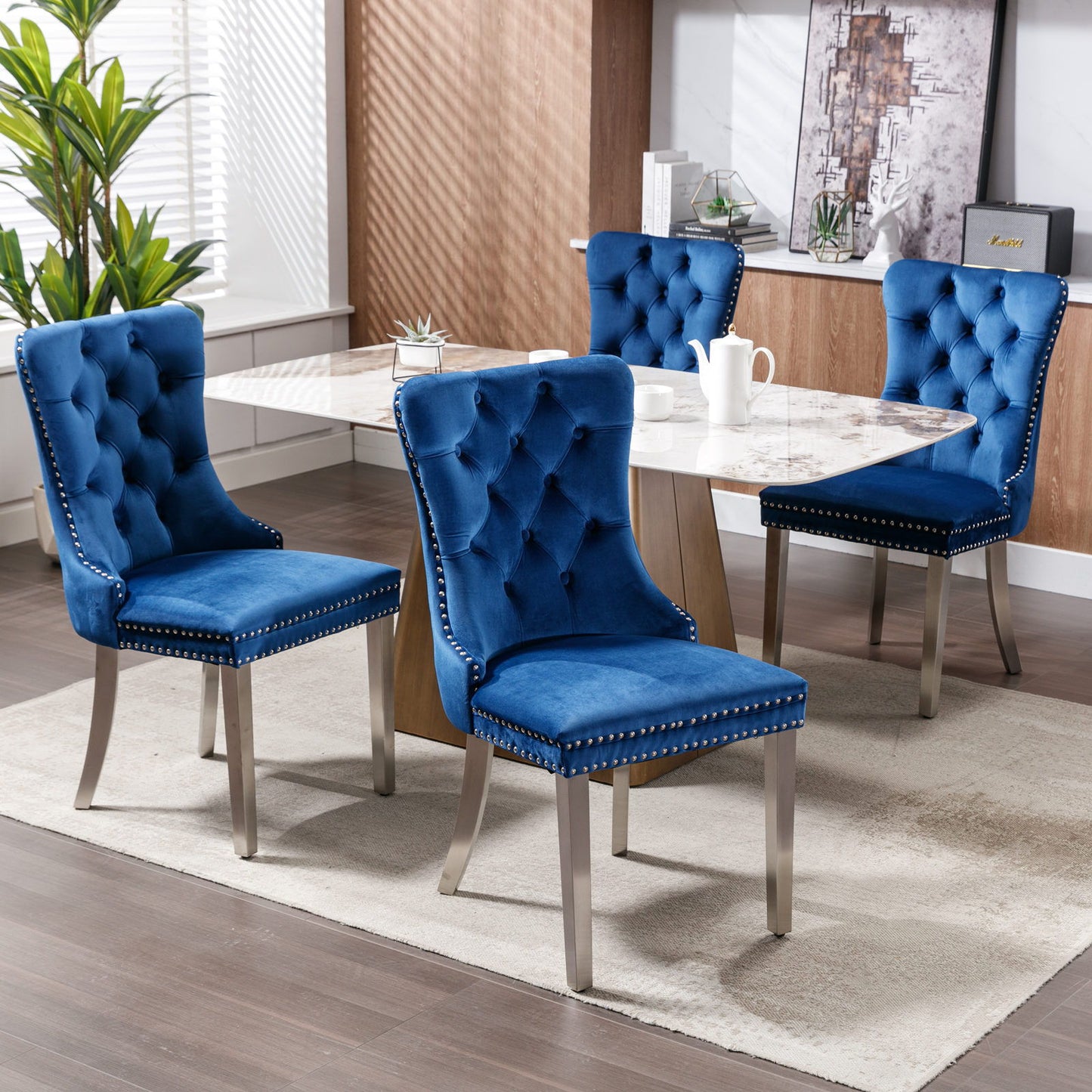 Nikki - Modern, High-End Tufted Solid Wood Contemporary Velvet Upholstered Dining Chair With Chrome Stainless Steel Plating Legs, Nailhead Trim, (Set of 2) - Blue / Chrome