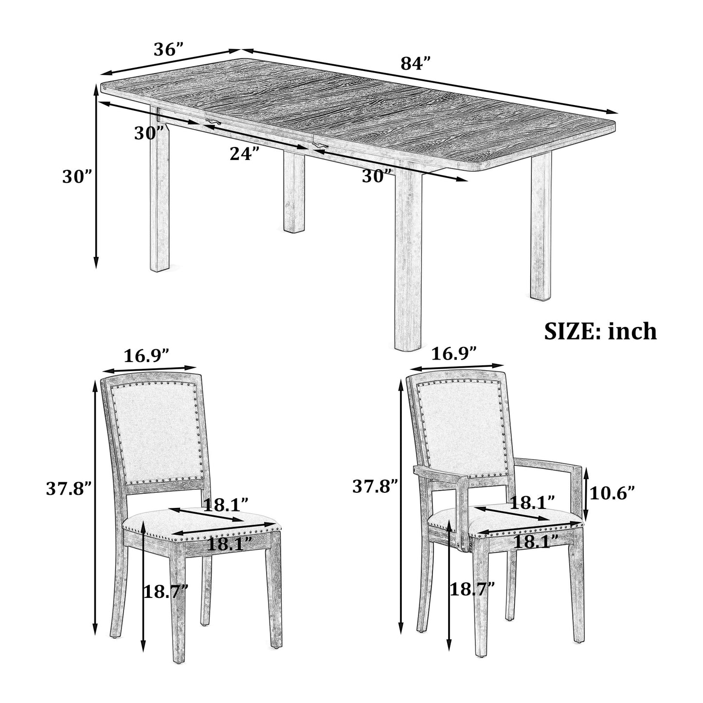 Topmax - Rustic Extendable Dining Table Set With Removable Leaf, 6 Upholstered Armless Dining Chairs And 2 Padded Arm Chairs, 9 Pieces - Natural