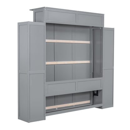 Queen Size Murphy Wall Bed With Shelves And LED Lights - Gray