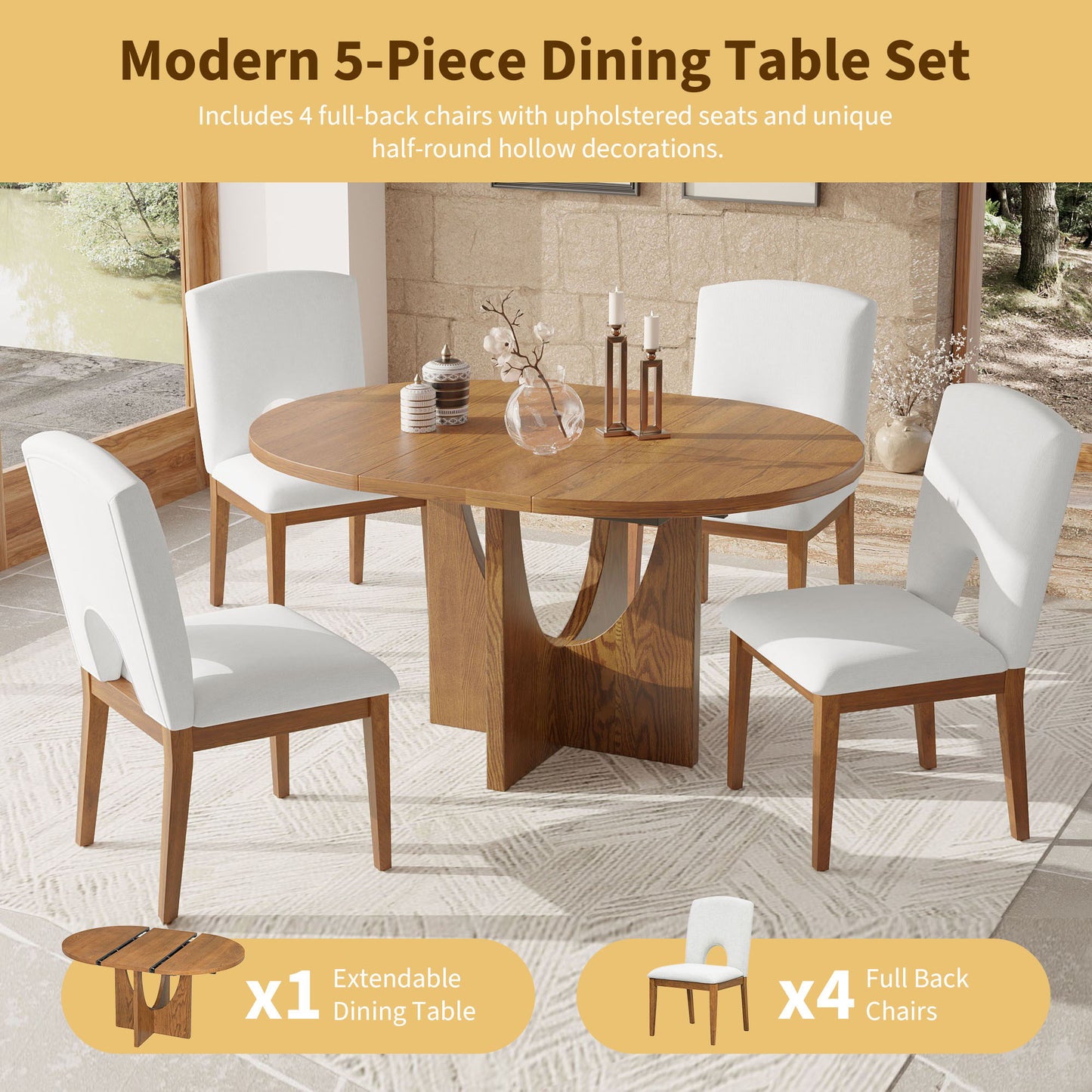 Topmax - 5 Piece Modern Extendable Round Dining Table Set With Removable Leaf For Small Places - Walnut / Beige