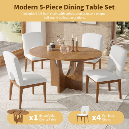Topmax - 5 Piece Modern Extendable Round Dining Table Set With Removable Leaf For Small Places - Walnut / Beige