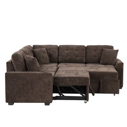 L-Shape Sofa Bed Pull-Out Sleeper Sofa With Wheels, USB Ports, Power Sockets For Living Room - Brown