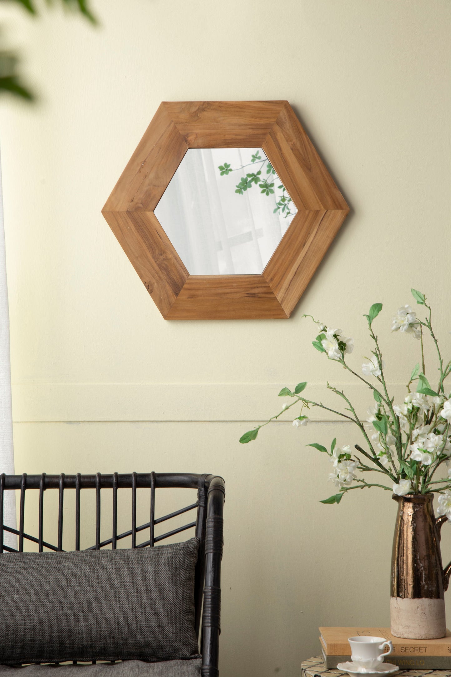 Hexagon Mirror With Natural Wood Frame, Wall Decor For Living Room Bathroom Hallway - Natural